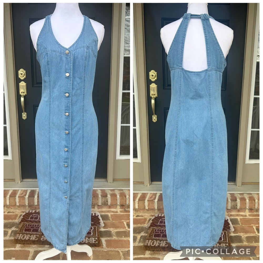 Vintage 90s chambray light wash denim button front halter cutout maxi dress S M